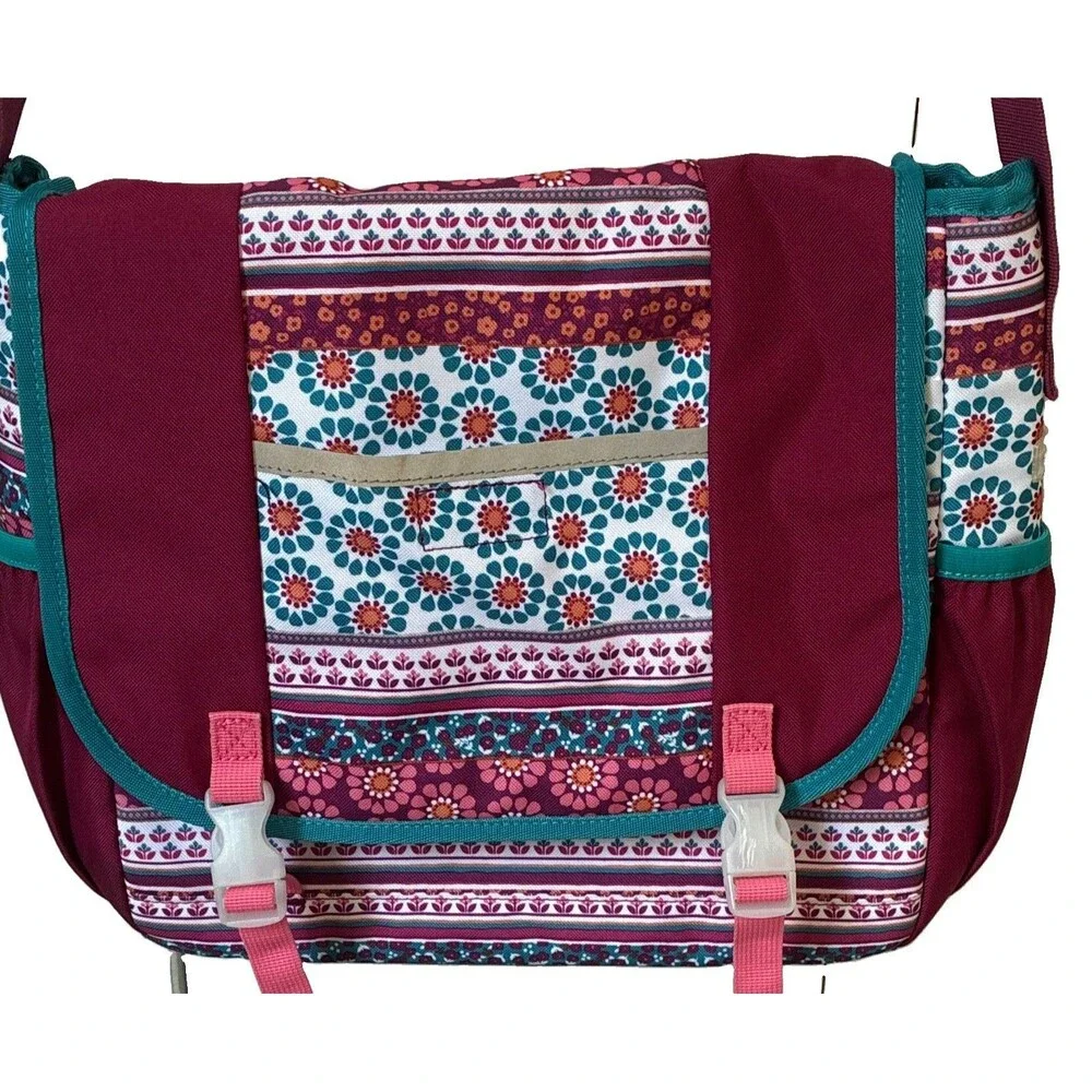 Garnet Hill Kids Floral Messenger Bag Adjustable Strap Bottle Pocket Burgundy
